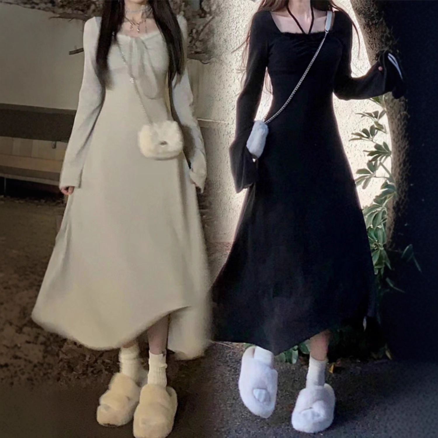 法式甜辣风长袖修身连衣裙子女气质设计感小众收腰内搭长裙秋冬