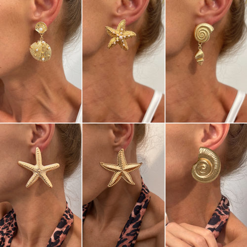 欧美跨境沙滩度假金属麻面海星贝壳耳钉 海洋风海螺耳饰earrings