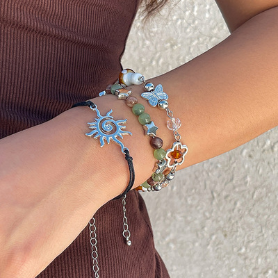 欧美跨境民族风太阳蝴蝶串珠手链女彩色星形蘑菇手串套装Bracelet