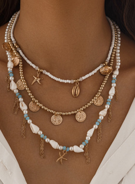 欧美跨境度假风海星贝壳流苏项链