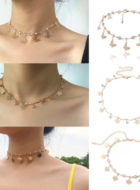 欧美跨境饰品可爱心形水钻锁骨链