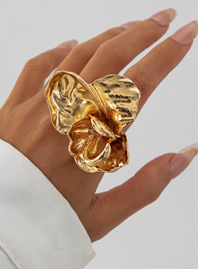 欧美跨境ins风设计感金属立体花朵戒指 个性褶皱花瓣开口指环Ring