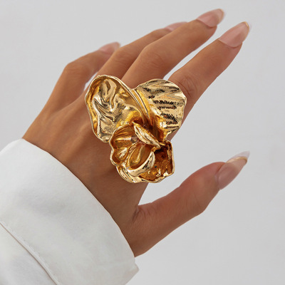 欧美跨境ins风设计感金属立体花朵戒指 个性褶皱花瓣开口指环Ring