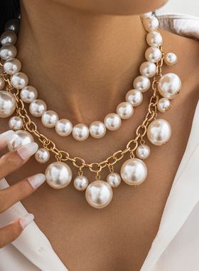 欧美跨境气质仿珍珠串珠吊坠项链