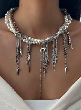 欧美跨境时尚金属星月流苏项链设