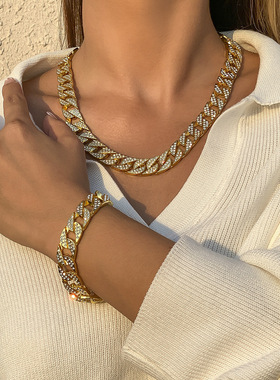 欧美跨境饰品 嘻哈复古满钻古巴链手链 潮流金属镶钻链条男女手饰