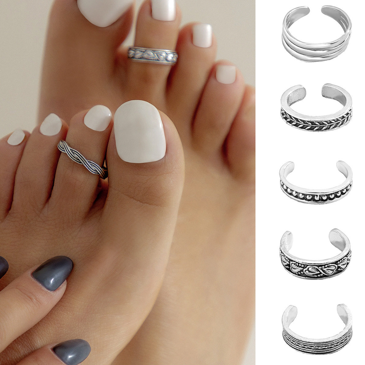 欧美跨境饰品 简约立体雕刻桃心单只开口脚戒女 复古沙滩几何脚饰