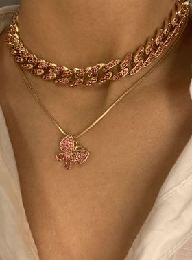 欧美跨境饰品简约镶钻蝴蝶吊坠项