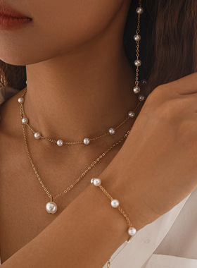欧美跨境饰品 法式复古仿珍珠链条项链女 气质简约金属锁骨链套装