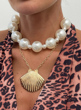 欧美跨境夸张金属大扇贝壳吊坠项