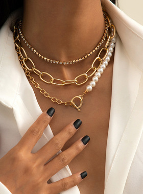 欧美跨境饰品嘻哈个性几何镶钻链