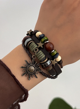 欧美跨境波西米亚编织绳叠戴PU手