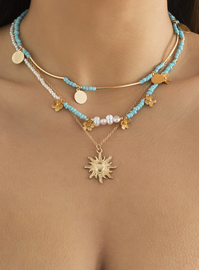 复古民族风太阳花吊坠锁骨项链欧