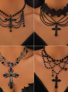 欧美跨境哥特风暗黑十字架项链女