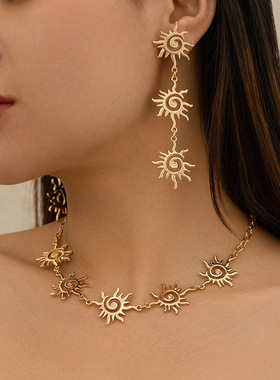 欧美跨境民族风螺纹太阳花项链女