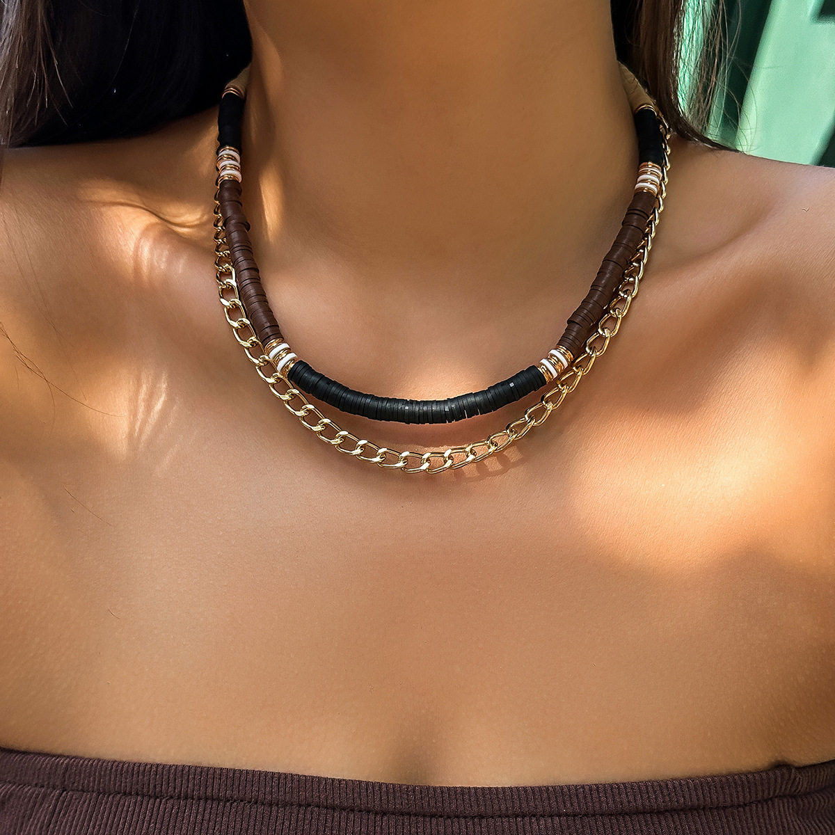 欧美跨境饰品 复古民族软陶片项链 简约金属链条套装项饰necklace