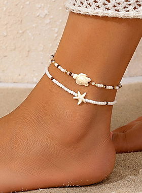 欧美跨境海洋风贝壳海星串珠Anklet脚饰品 沙滩亮片流苏海龟脚链
