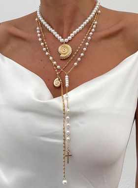 欧美跨境ins风海螺十字架吊坠锁