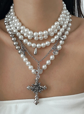 欧美跨境嘻哈朋克玫瑰花朵十字架