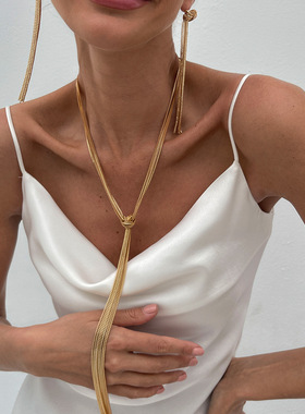 欧美跨境时尚ins风金属链条打结流苏项链 性感个性长款圆珠项饰女