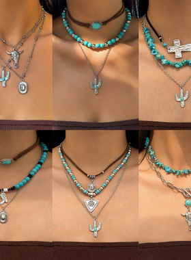 欧美跨境饰品复古仿松石牛头锁骨