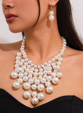 欧美跨境个性夸张仿珍珠流苏项链