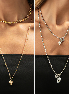 欧美跨境时尚金属爱心吊坠叠戴长
