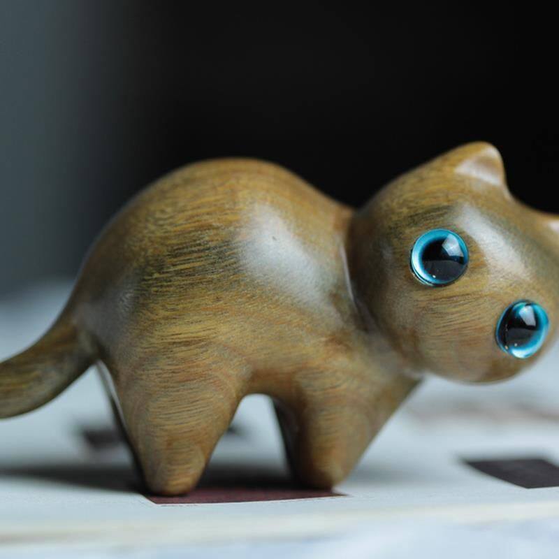 绿檀木雕猫可爱小猫木质猫咪摆件家居雕刻动物手把件创意生日礼物