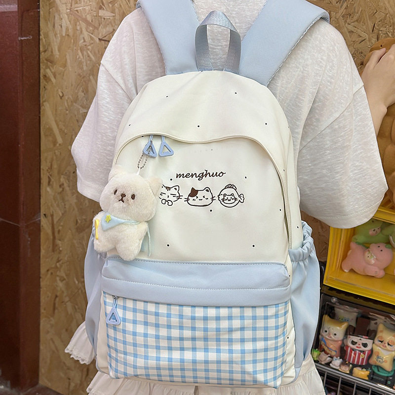 可爱小清新动物刺绣书包女孩小学生撞色休闲双肩包初中高中生背包