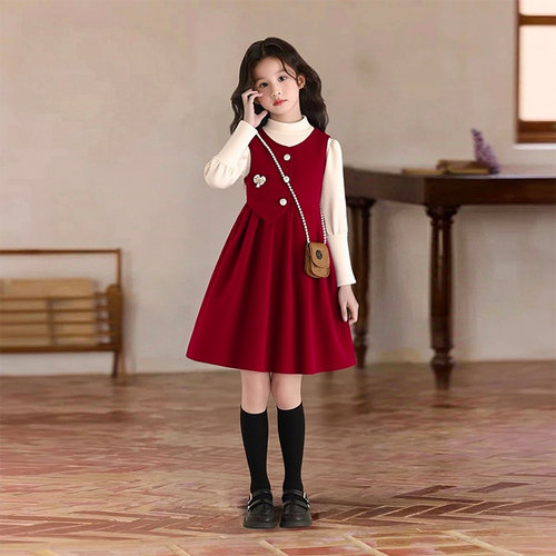 女童红色拜年服连衣秋冬季裙套装2025新款洋气时髦新年喜庆连衣裙