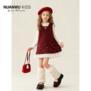 打底毛衣小香风钉珠拼接设计套装 高领时尚 连衣裙 2025新款 女童冬装