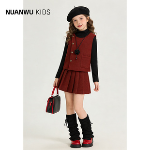 女孩红色小香风高级感拜年服外套裙子三件套 新款 女童2025冬装 套装