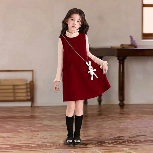 女童红色新年连衣秋冬季裙套装2025新款拜年服洋气时尚百搭连衣裙