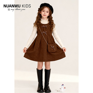 女童冬装 韩系卡其色蝴蝶结高级感时髦裙子两件套潮 连衣裙2025新款