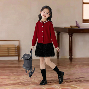 红色拜年服开衫 女童2025冬季 新款 套装 毛衣半身裙两件套秋冬潮 韩版