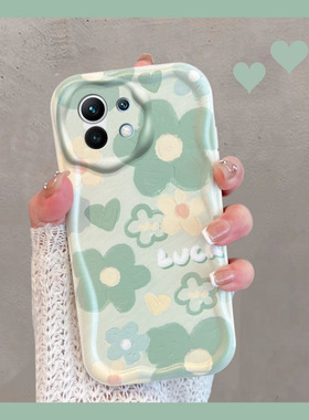 适用于小米11手机壳mi11青春版m2011k2c绿色m2101k9c曲面屏小清新花朵miui115g新款女十一曲屏lite全包防摔套