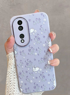 适用于华为荣耀70手机壳70pro紫色小清新fne一an00花朵sdy-anoo可爱honor7o兔子p70por+七十全包防摔七零十加