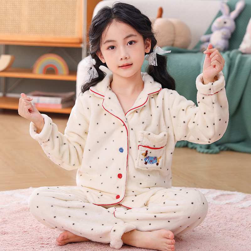 法兰绒儿童睡衣女秋冬季加绒加厚款2025新款珊瑚绒女童冬款家居服