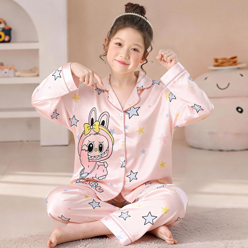 儿童冰丝睡衣女童卡通长袖春秋季薄款长裤中大童女孩夏家居服套装