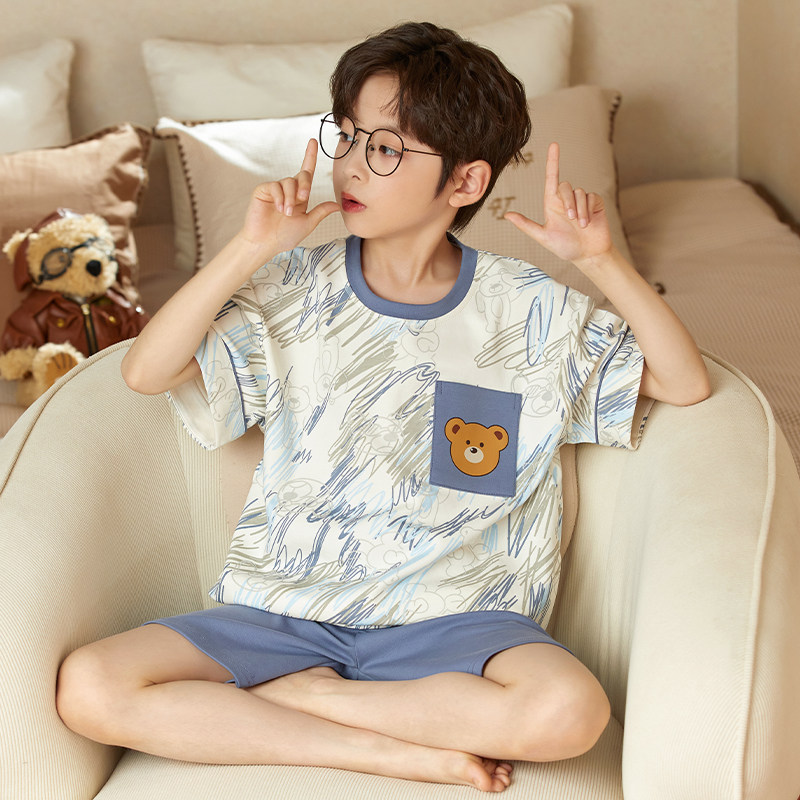 男童睡衣儿童2026新款春夏季款薄纯棉男孩短袖青少年大童卡通套装