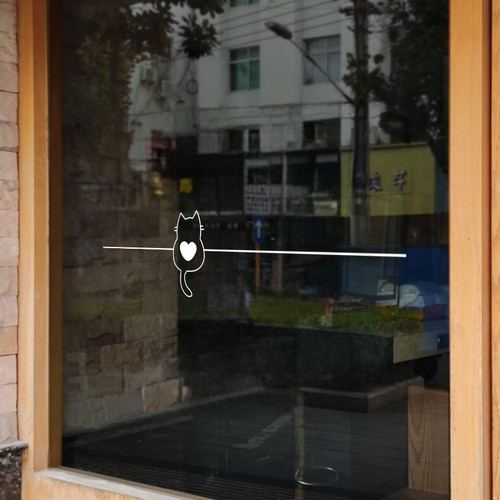 创意卡通猫咪玻璃装饰贴纸店铺橱窗防撞静电贴线条简约风推拉门贴