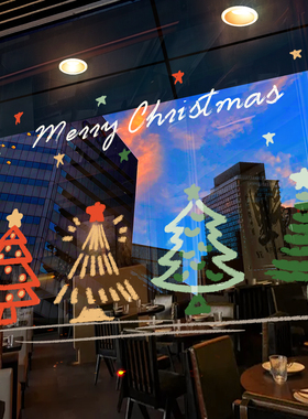 圣诞节装饰窗贴ins风彩色圣诞树窗花贴橱窗氛围布置静电玻璃贴纸