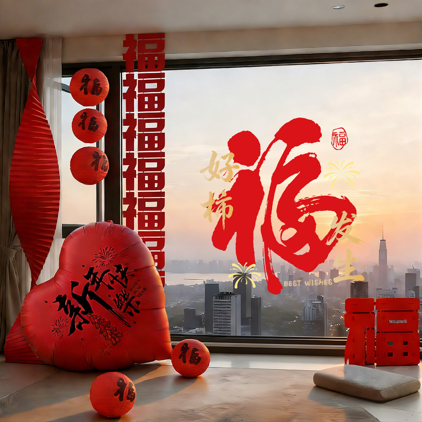 乔迁之喜窗花福字贴2027装饰布置窗贴新款乔迁窗户静电玻璃门贴纸