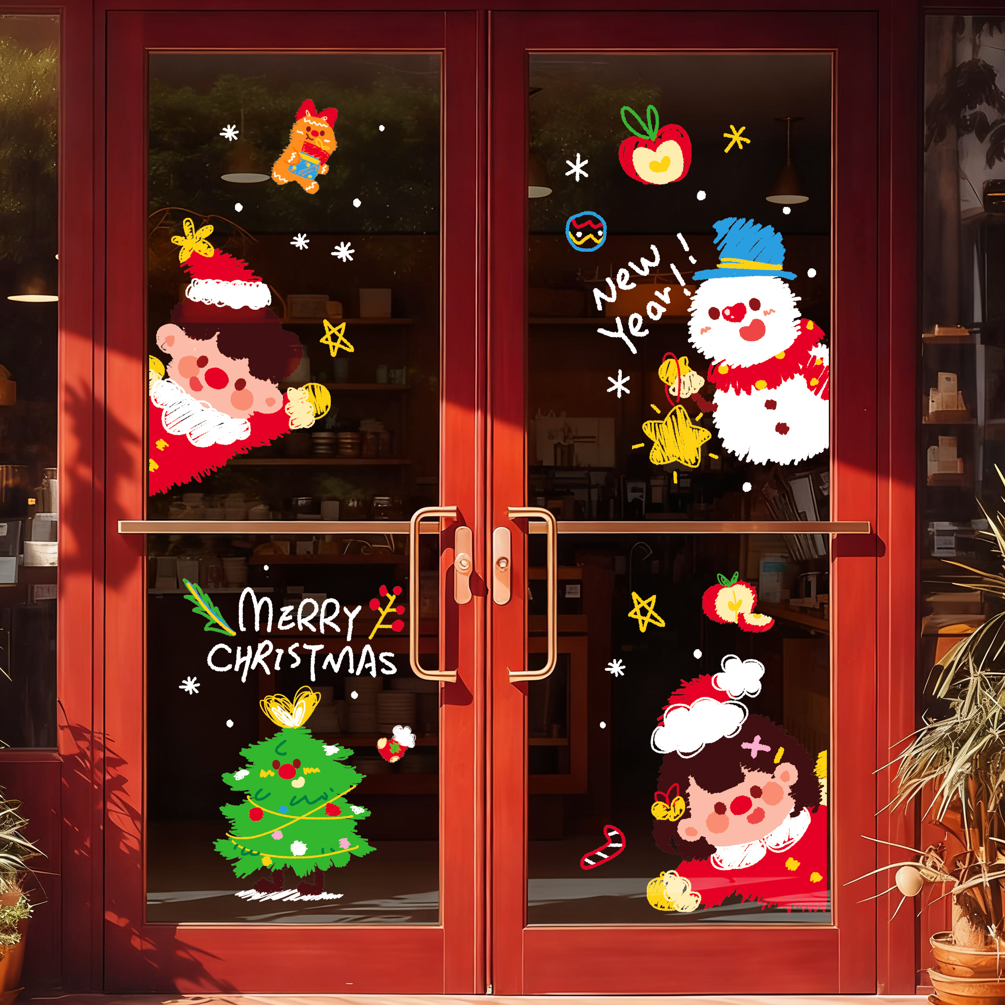 圣诞节装饰圣诞老人树静电贴纸