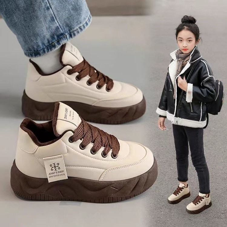 女童棉鞋加绒保暖运动鞋2025冬季黑色雪地靴初中学生高帮休闲板鞋