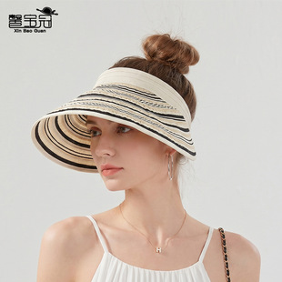 夏季遮阳帽子女户外出游百搭发箍款空顶帽欧美百搭条纹大檐防晒帽