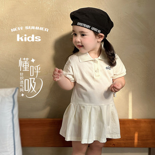 韩系穿搭连衣裙儿童polo领学院风刺绣宝宝百褶裙 3岁456女童夏季