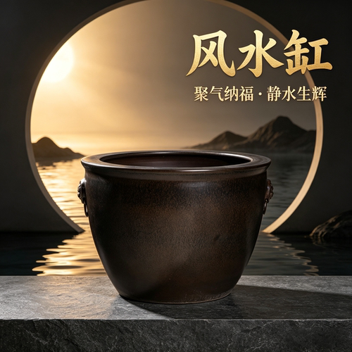 景德镇深褐釉狮子头宽口陶瓷鱼缸