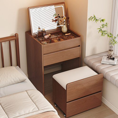 实木梳妆台小户型简约现代卧室2025新款翻盖化妆桌床头收纳柜一体