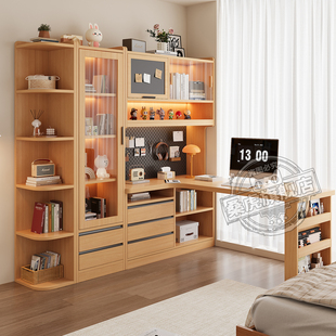 实木书桌书架一体转角电脑桌子书房书柜家用学习桌现代简约办公桌